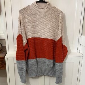 Cozy Colorblock Turtleneck Sweater - Cream, Rust & Gray
